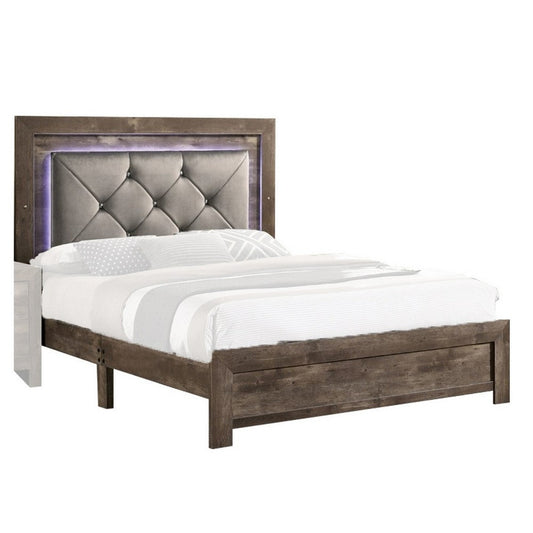Farmhouse Button Tufted Wooden Queen King Bed with LED, Natural Brown By Casagear Home