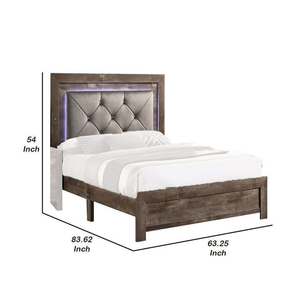 Farmhouse Button Tufted Wooden Queen King Bed with LED Natural Brown By Casagear Home BM235449