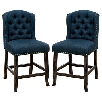 Wingback Fabric Counter Height Chair with Button Tufting, Set of 2, Blue By Casagear Home