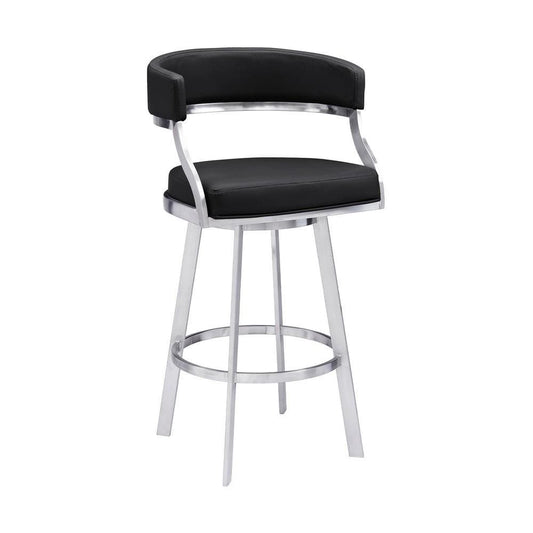 26 Inch Curved Seat Leatherette Swivel Barstool, Silver and Black By Casagear Home