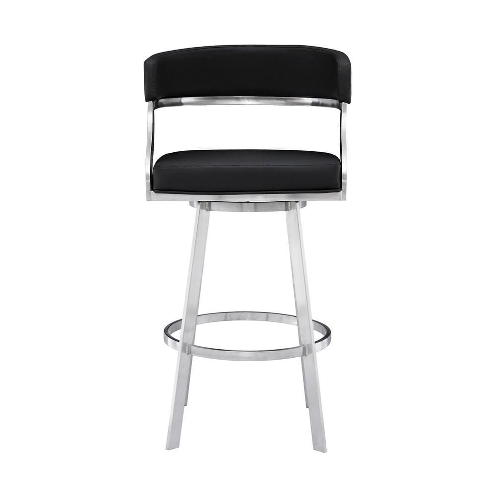 26 Inch Curved Seat Leatherette Swivel Barstool Silver and Black By Casagear Home BM236606