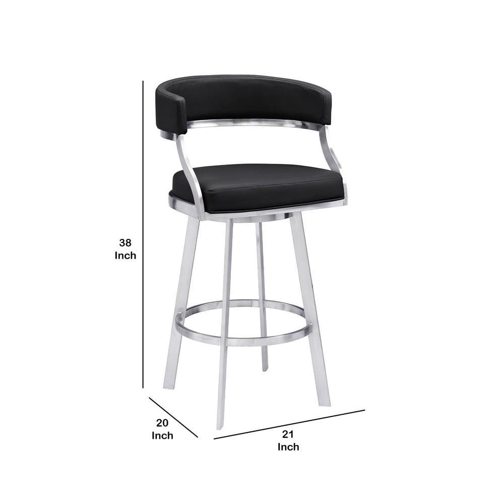 26 Inch Curved Seat Leatherette Swivel Barstool Silver and Black By Casagear Home BM236606