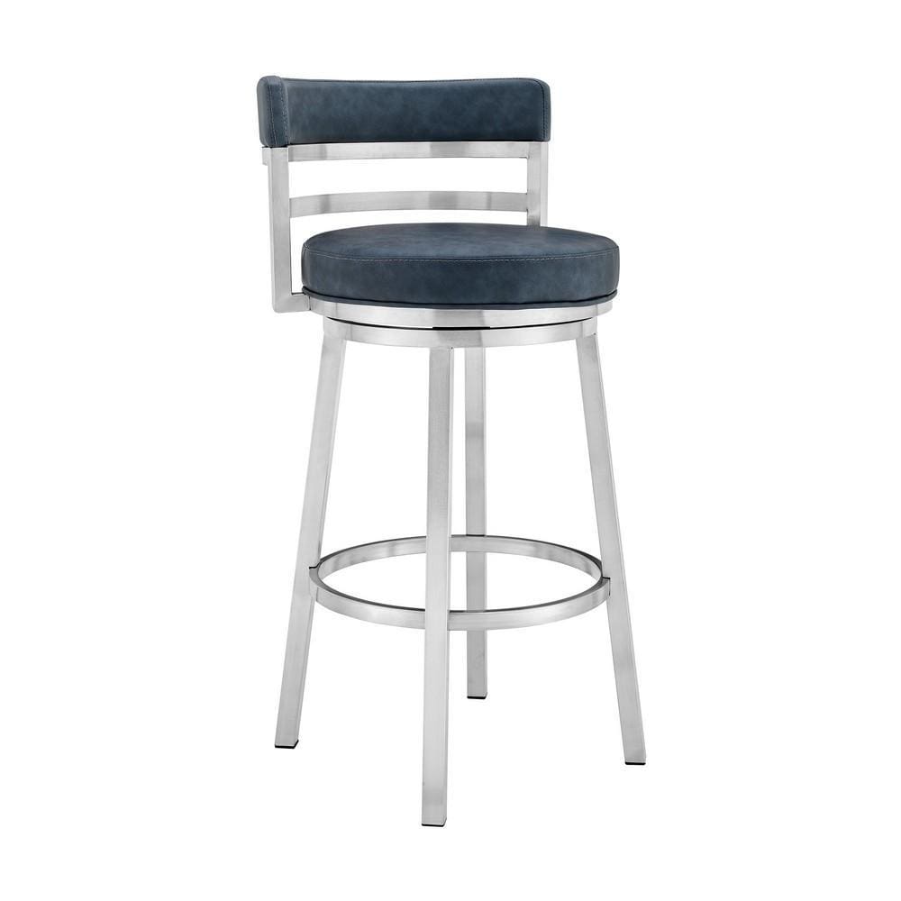 26 Inch Leatherette Counter Height Barstool, Silver and Blue By Casagear Home