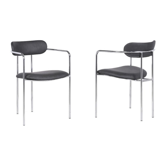Metal and Leatherette Dining Chair, Set of 2, Silver and Gray By Casagear Home