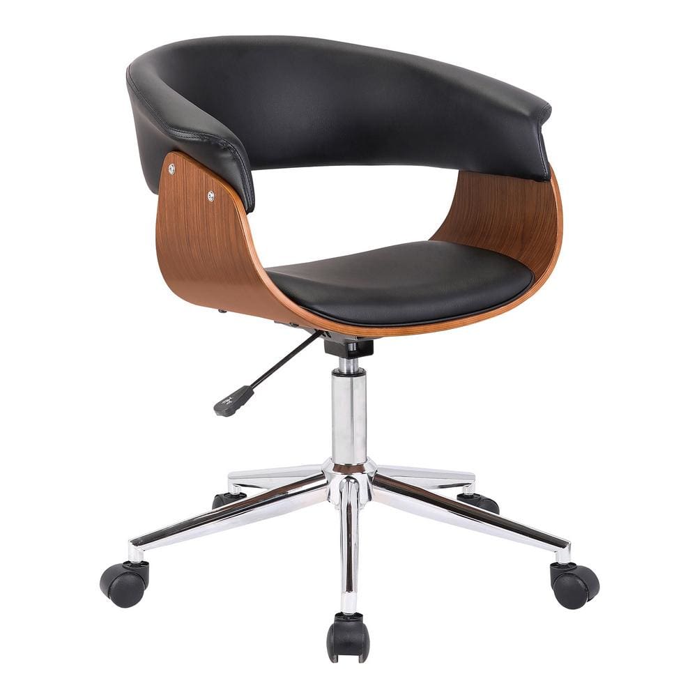 Curved Faux Leather Office Chair with Wooden Support and Star base, Black - BM236946 By Casagear Home