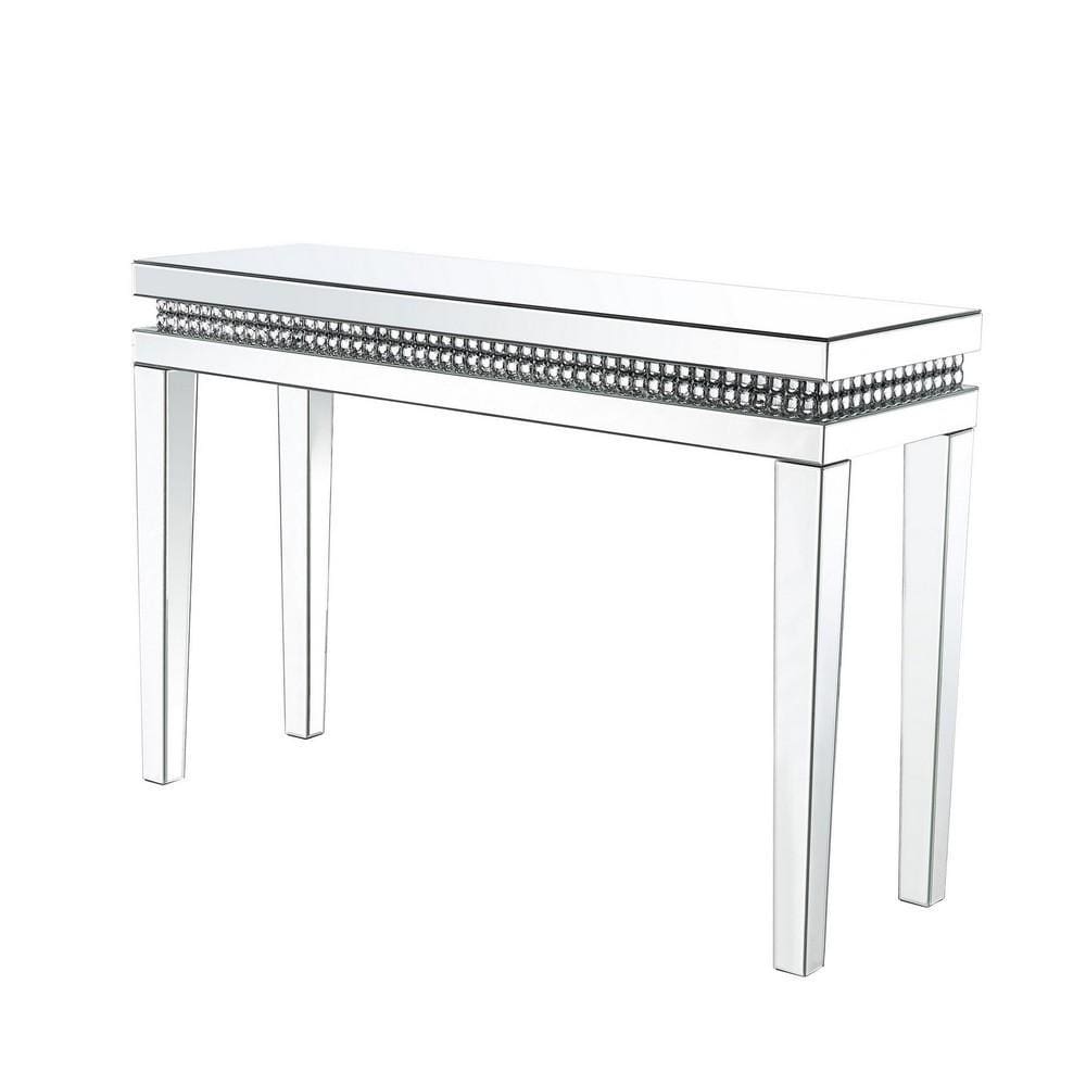 Mirror Inlay Sofa Table with Faux Crystal Accents, Silver By Casagear Home