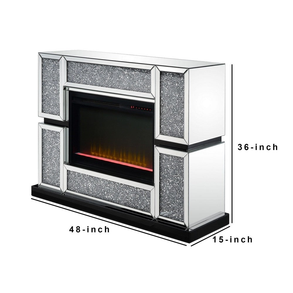 Electric Fireplace with Mirror Panel Framing and Faux Crystals Inlay,Silver By Casagear Home BM238110