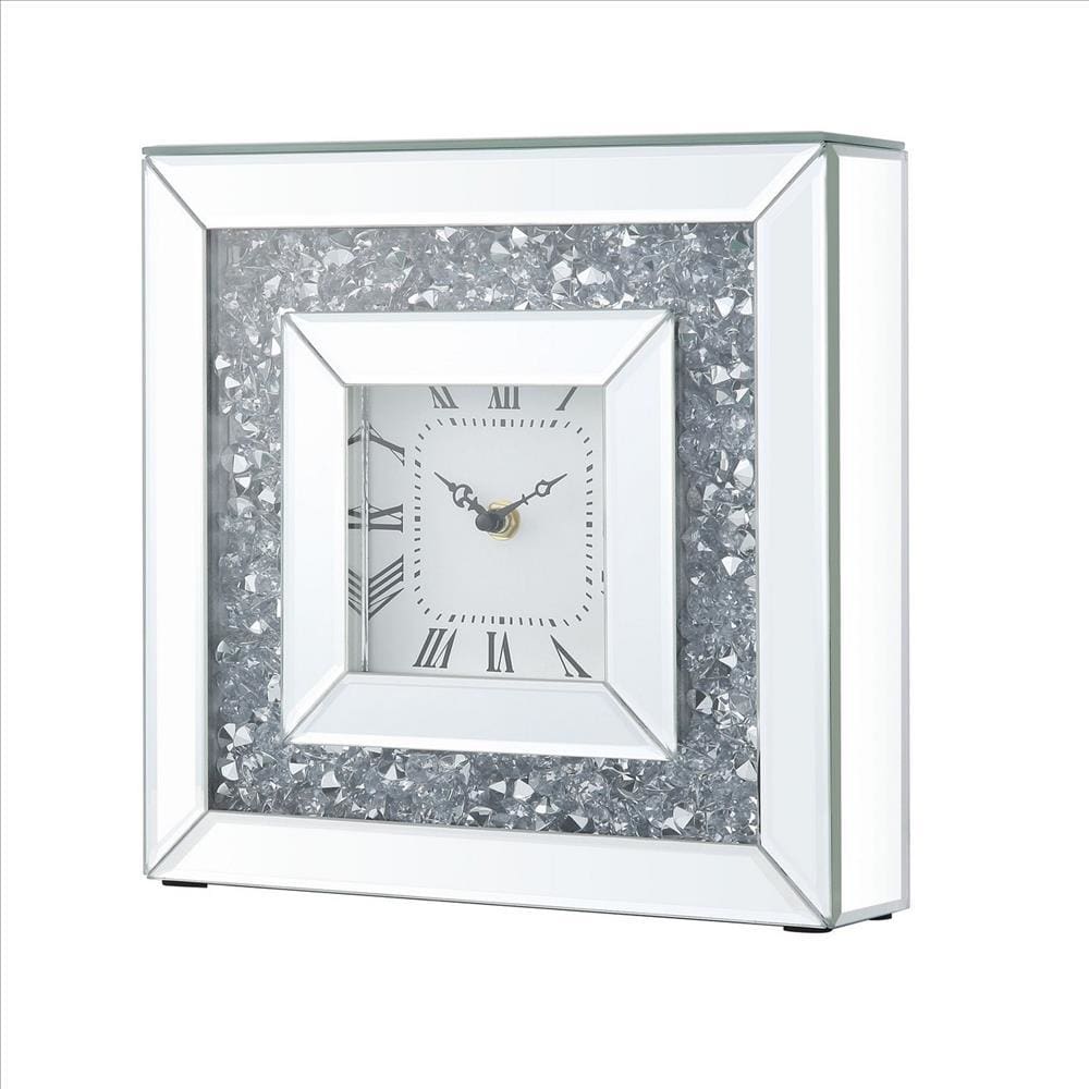 Square Mirrored Accent Clock with Faux Diamond Inlays, Silver By Casagear Home