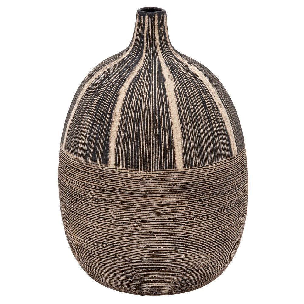 10 Inch Bellied Shape Ceramic Vase, Textured Lines, Brown, Black By Casagear Home