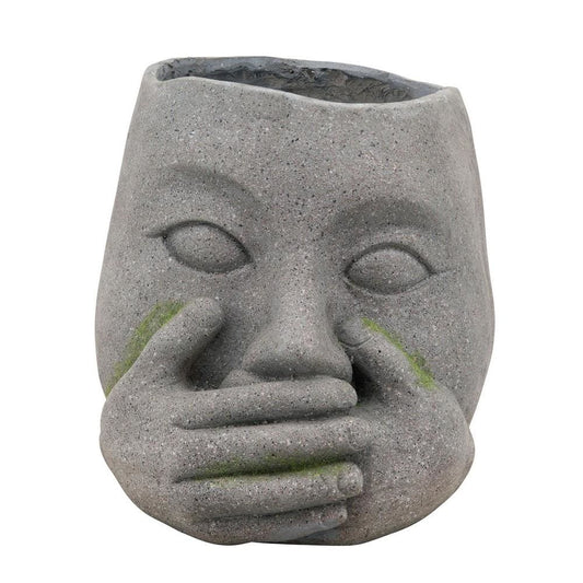Resin Human Head Planter with Hands on Mouth, Gray By Casagear Home
