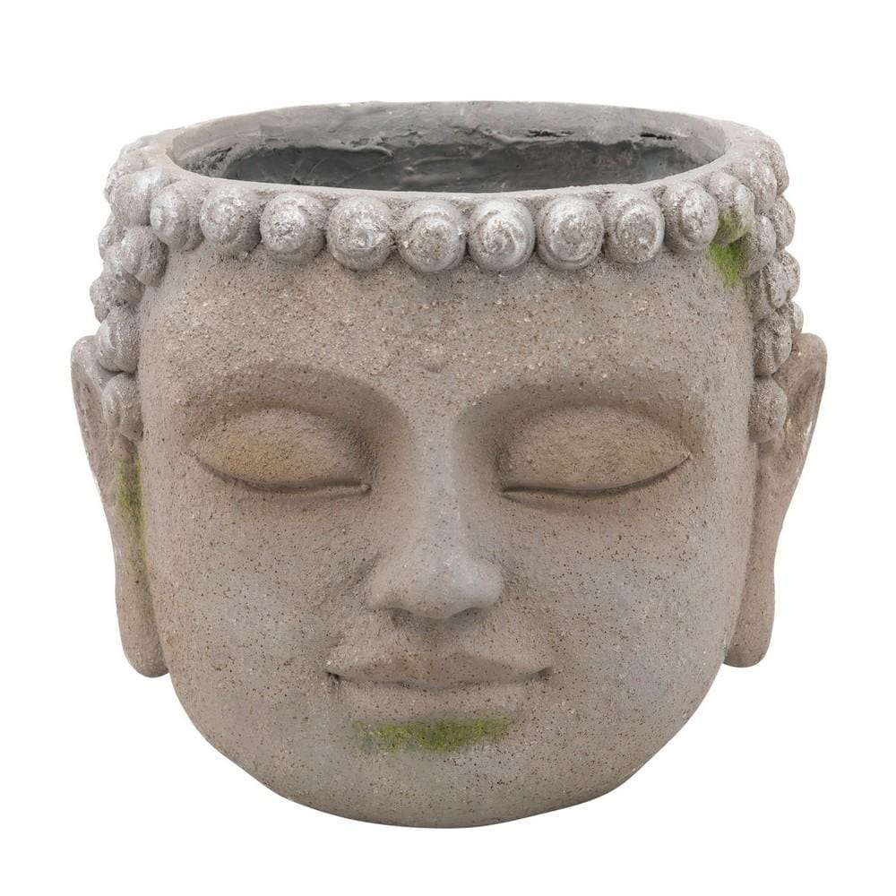 Buddha Head Design Resin Planter with Round Opening, Gray By Casagear Home