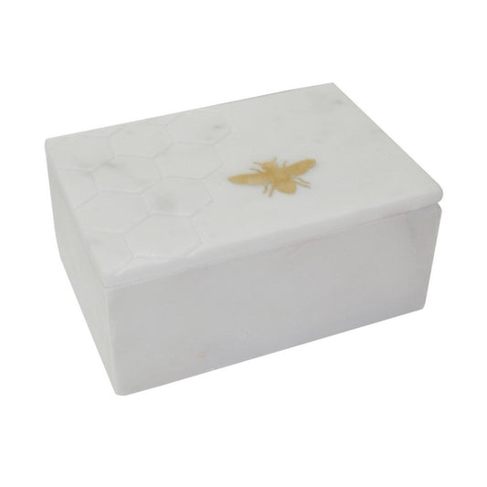 Rectangular Marble Box with Bee Accent and Hexagonal Patten, White By Casagear Home