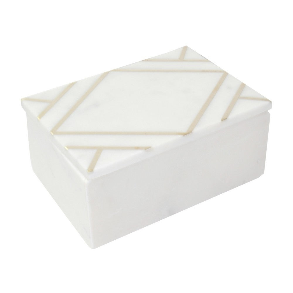 Rectangular Marble Box with Geometric Design Accent, White By Casagear Home