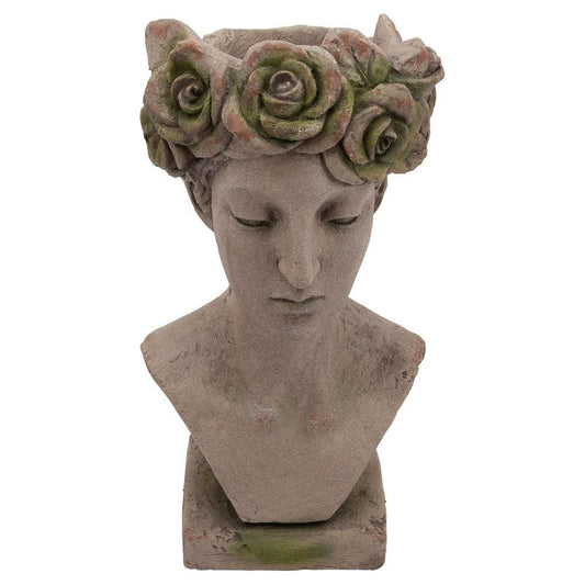22 Inches Resin Lady Bust with Floral Designed Head, Gray By Casagear Home