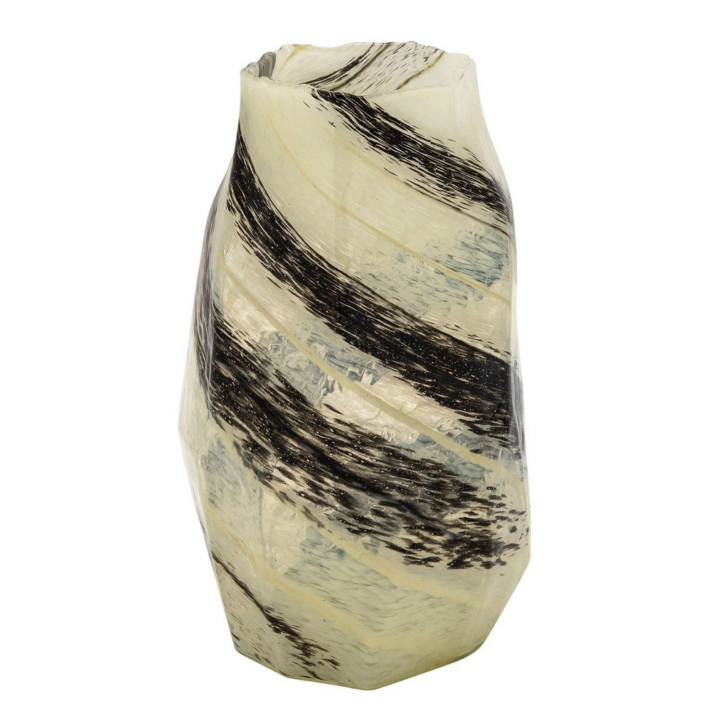 11 Inch Hand Blow Glass Vase, Banded Design, Cream and Black By Casagear Home