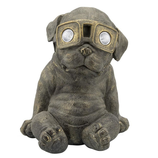 15 Inches Resin Slouching Dog Accent Decor with Solar Glasses, Antique Gold By Casagear Home