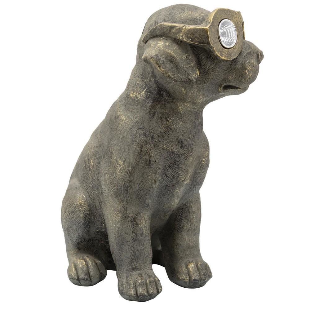 15 Inches Resin Sitting Dog Accent Decor with Solar Antique Gold By Casagear Home BM238229