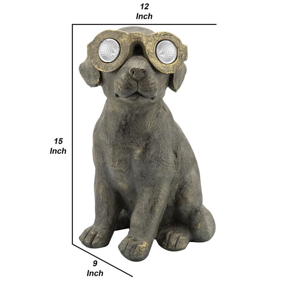 15 Inches Resin Sitting Dog Accent Decor with Solar Antique Gold By Casagear Home BM238229