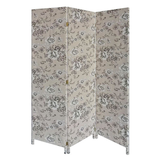 71 Inch 3 Panel Fabric Room Divider with Floral Print, Gray - BM238281 By Casagear Home