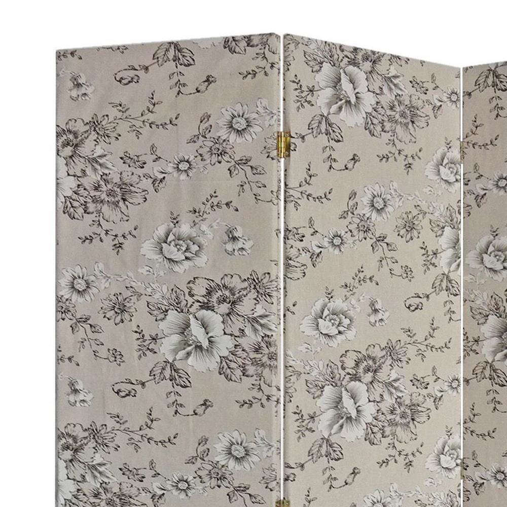 71 Inch 3 Panel Fabric Room Divider with Floral Print Gray - BM238281 By Casagear Home BM238281