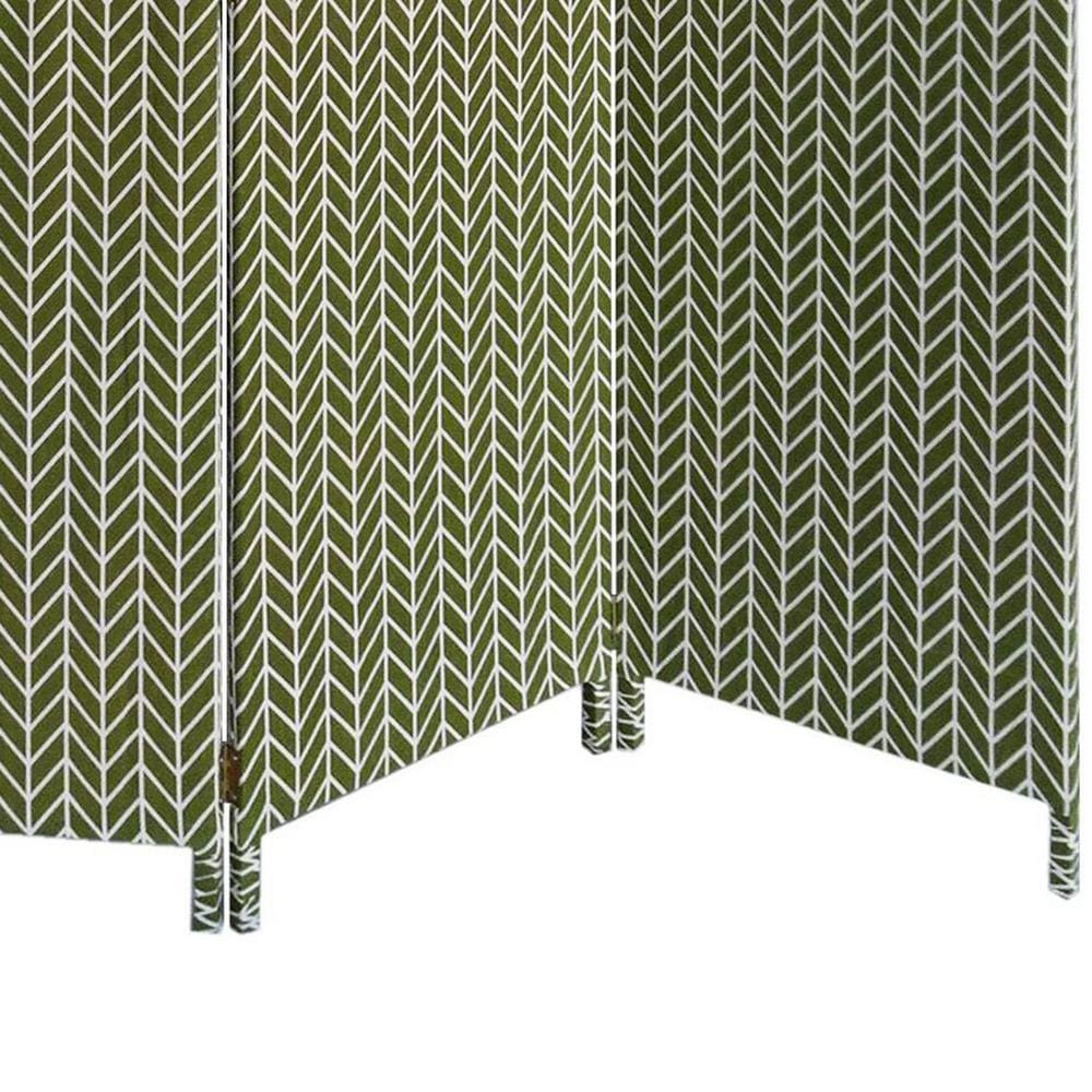 71 Inch 3 Panel Fabric Room Divider with Chevron Print Green - BM238283 By Casagear Home BM238283