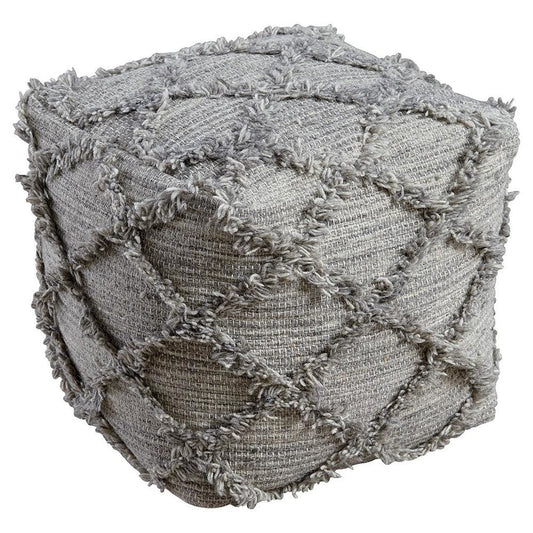 16 Inches Woolen Pouf with Hand Woven Diamond Fringe, Gray - BM238353 By Casagear Home