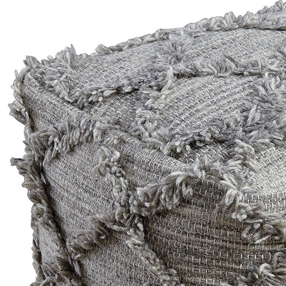 16 Inches Woolen Pouf with Hand Woven Diamond Fringe Gray - BM238353 By Casagear Home BM238353