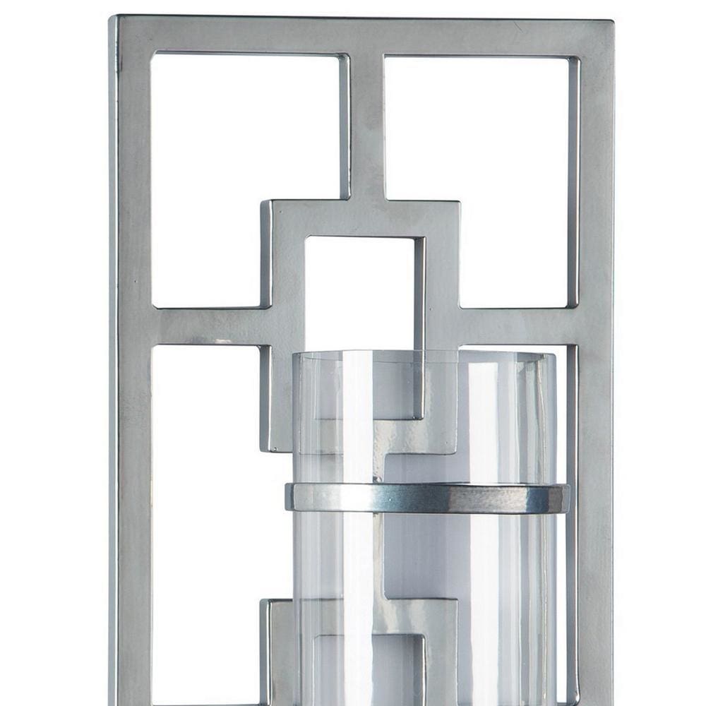 22 Inches Geometric Metal Wall Scone with Glass Hurricane Silver - BM238385 By Casagear Home BM238385