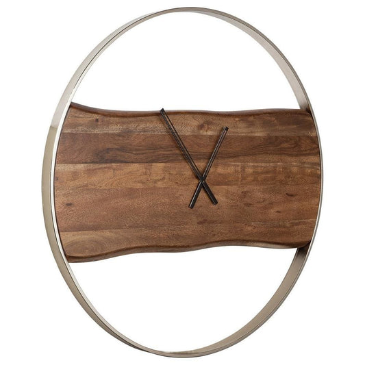 Wall Clock | 36" | Faux Live Edge Design | Brown & Silver