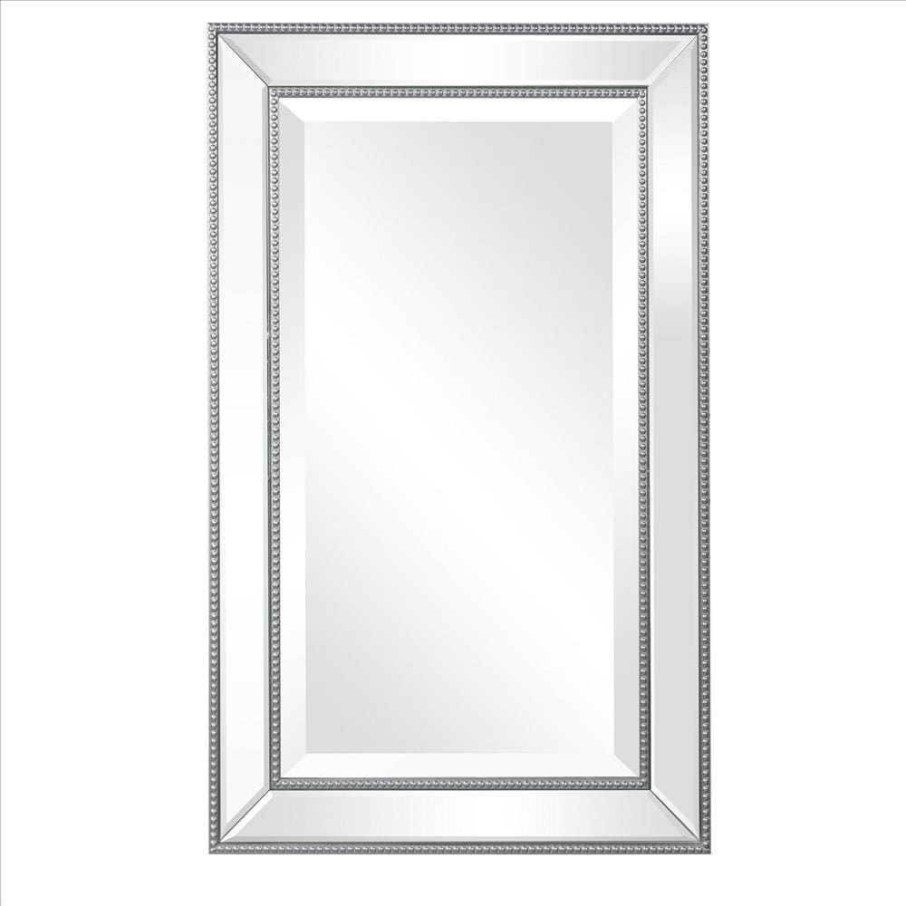 32 Inches Rectangular Wall Mirror with Beaded Design, Silver By Casagear Home