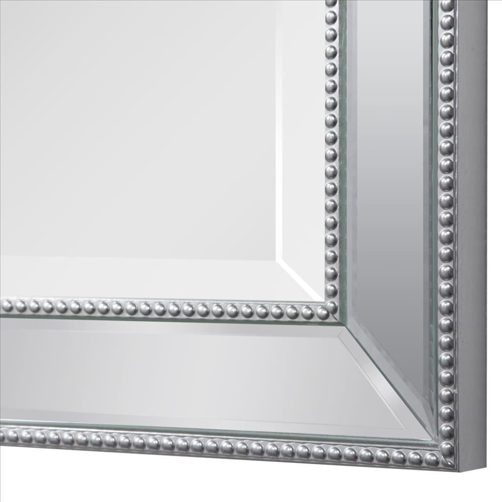 32 Inches Rectangular Wall Mirror with Beaded Design Silver By Casagear Home BM239359