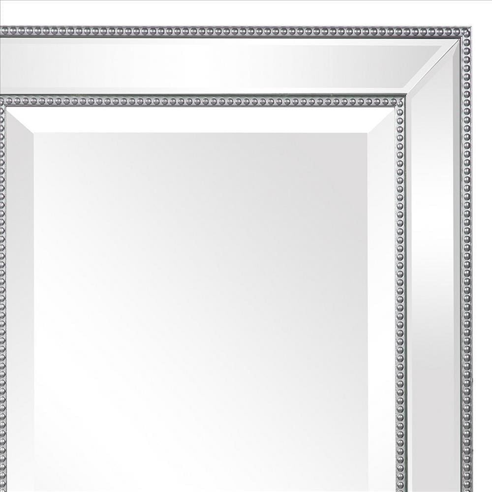32 Inches Rectangular Wall Mirror with Beaded Design Silver By Casagear Home BM239359