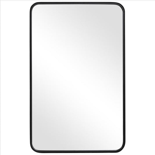 38 Inches Rectangular Metal Wall Mirror with Curved Corners, Black By Casagear Home