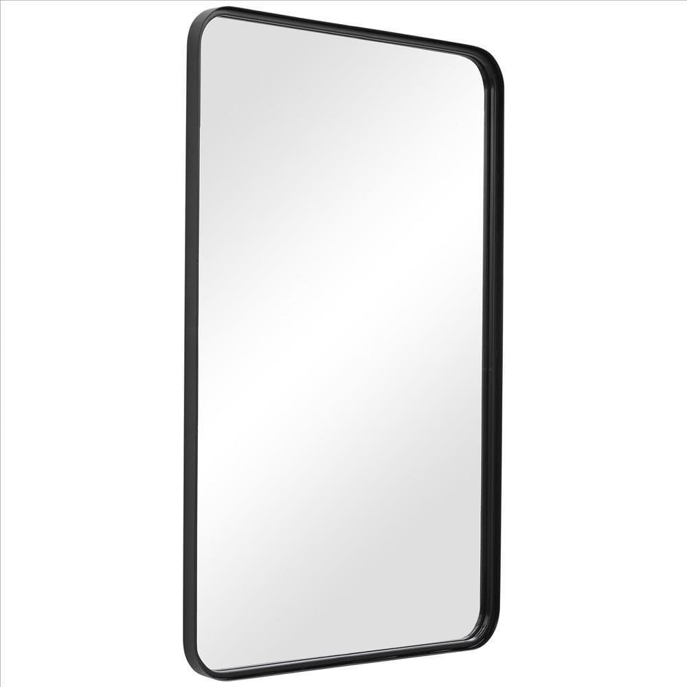 38 Inches Rectangular Metal Wall Mirror with Curved Corners Black By Casagear Home BM239373