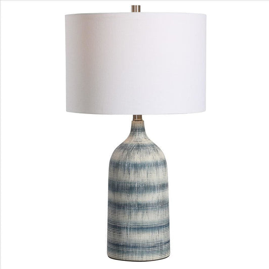 Bottle Shape Ceramic Table Lamp with Textured Lines, Blue By Casagear Home