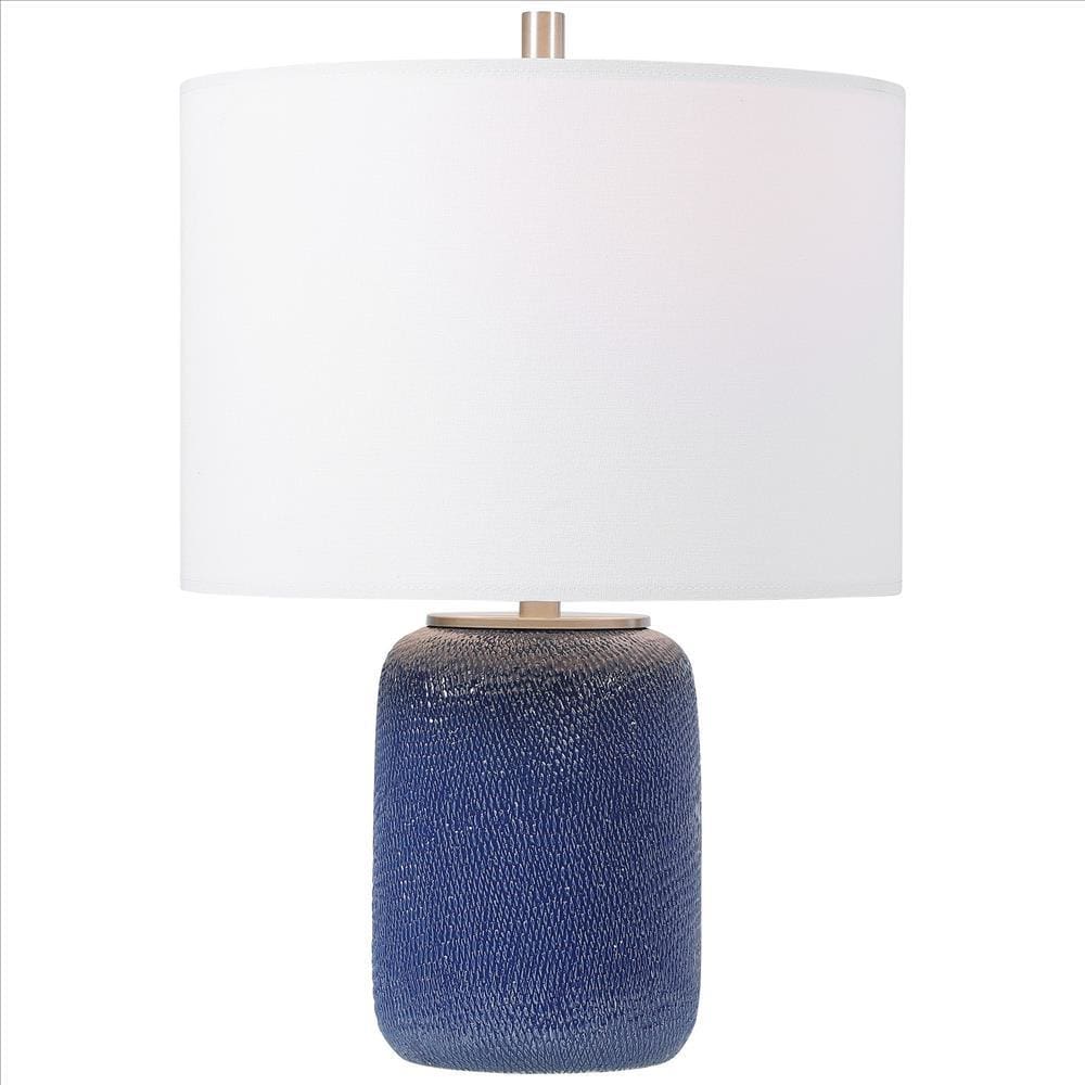 Ceramic Round Bellied Shape Table Lamp with Textured Detail, Blue By Casagear Home
