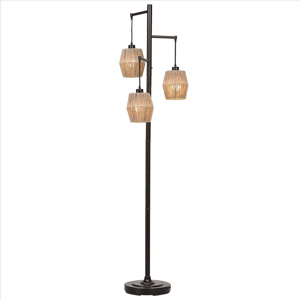 Stalk Design Metal Floor Lamp with 3 Hanging Rope Shade, Bronze By Casagear Home