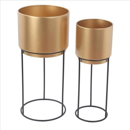 2 Piece Round Metal Planter with Tubular Base, Gold and Black By Casagear Home