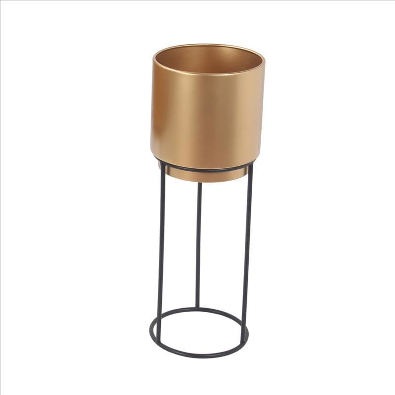 2 Piece Round Metal Planter with Tubular Base Gold and Black By Casagear Home BM239448