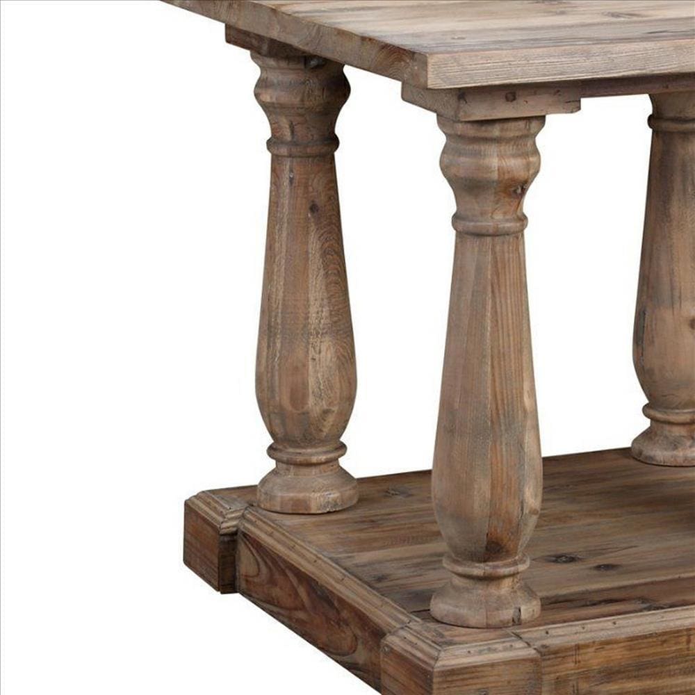 Farmhouse Wooden Side Table with Open Shelf and Turned Legs Natural Brown By Casagear Home BM239680