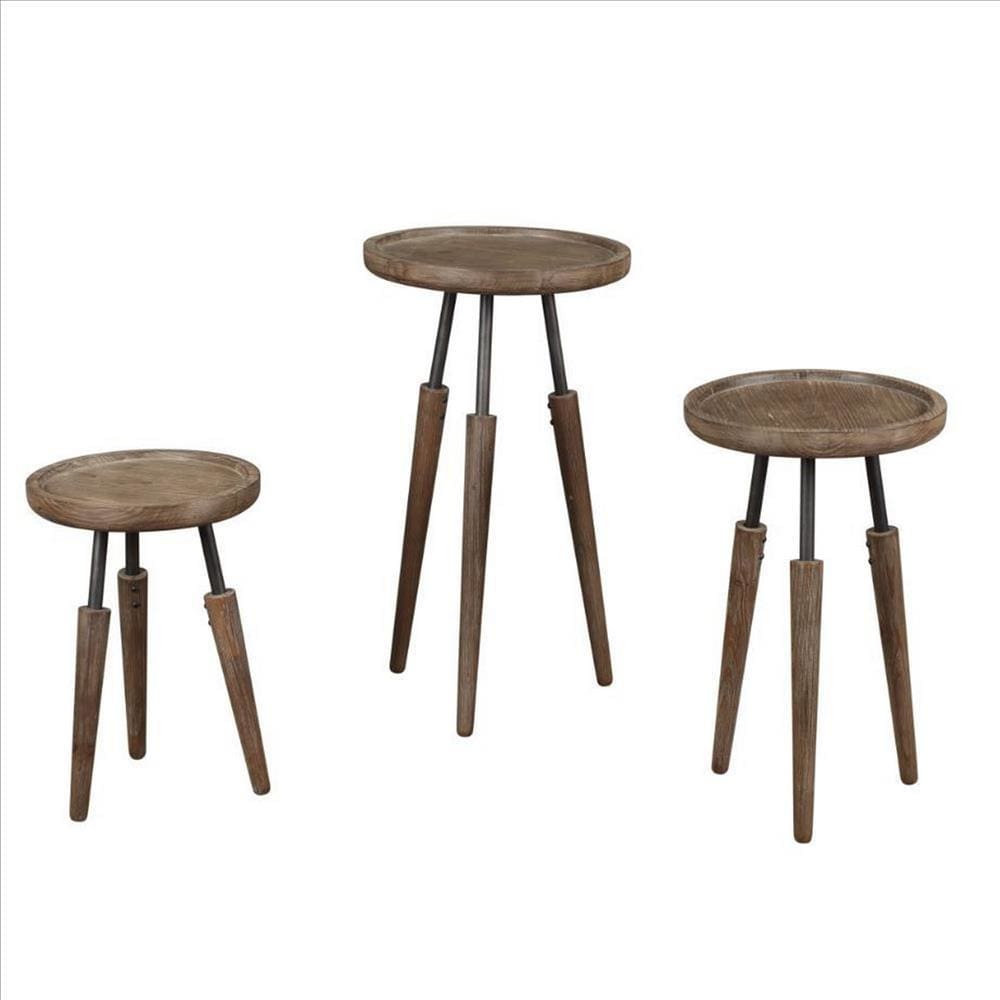 Round Tray Top 3 Piece Nesting Table with Wooden Peg Legs, Brown By Casagear Home