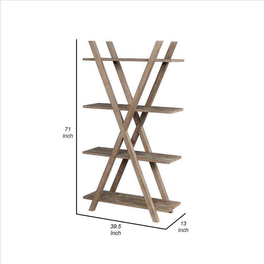 4 Shelf Wooden Bookshelf with Double X Shaped Accent Brown By Casagear Home BM239698