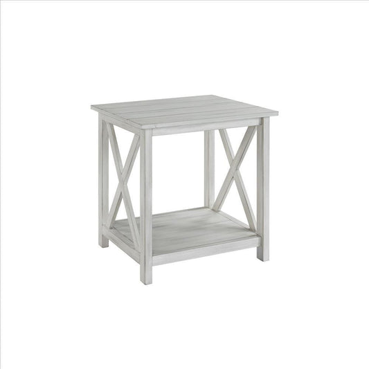 1 Open Shelf Wooden End Table with X Shaped Accents, White By Casagear Home