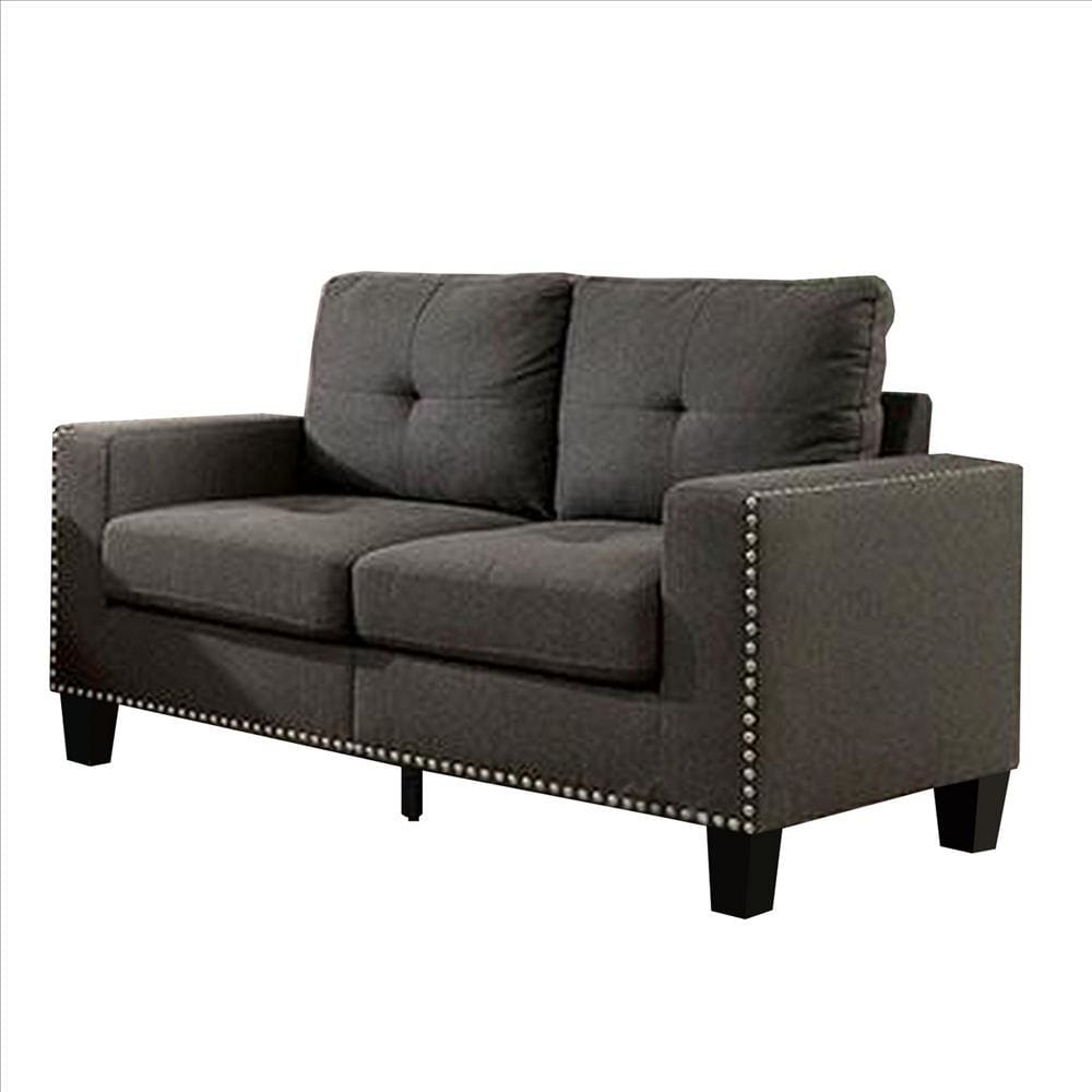 Fabric Upholstered Loveseat with Track Arms and Nailhead Trim, Dark Gray By Casagear Home