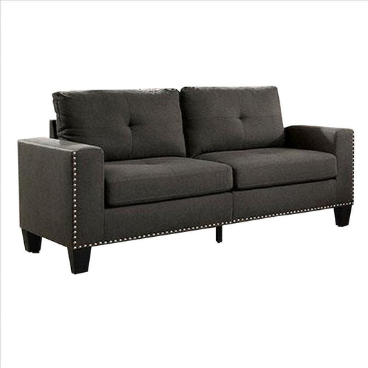 Fabric Upholstered Sofa with Track Arms and Nailhead Trim, Dark Gray By Casagear Home