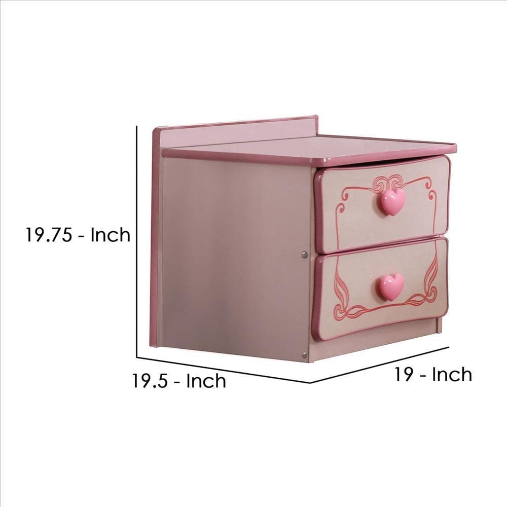 2 Drawer Wooden Nightstand with Heart Knob Pulls Pink By Casagear Home BM239802