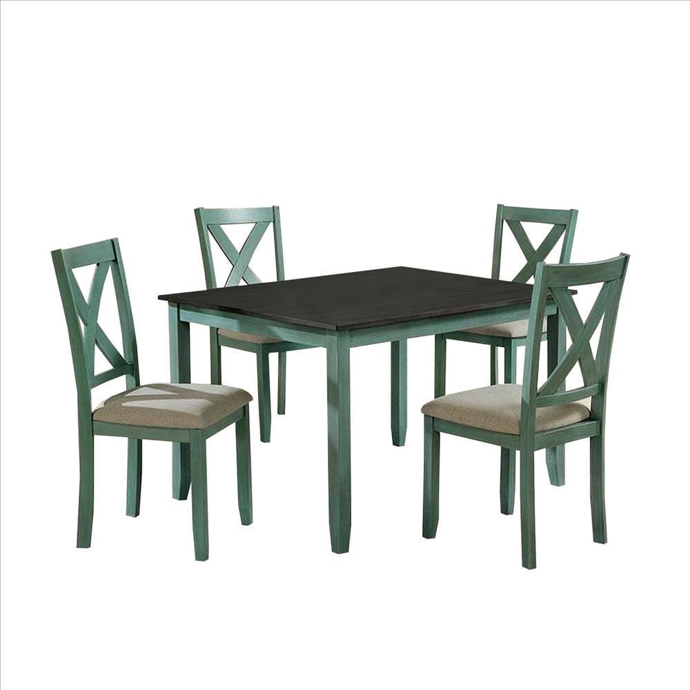 5 Piece Dining Table Set with Padded Seat, X Back, Distressed, Green, Gray By Casagear Home