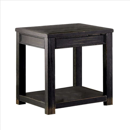 24 Inches Wooden End Table with Open Shelf, Antique Black By Casagear Home