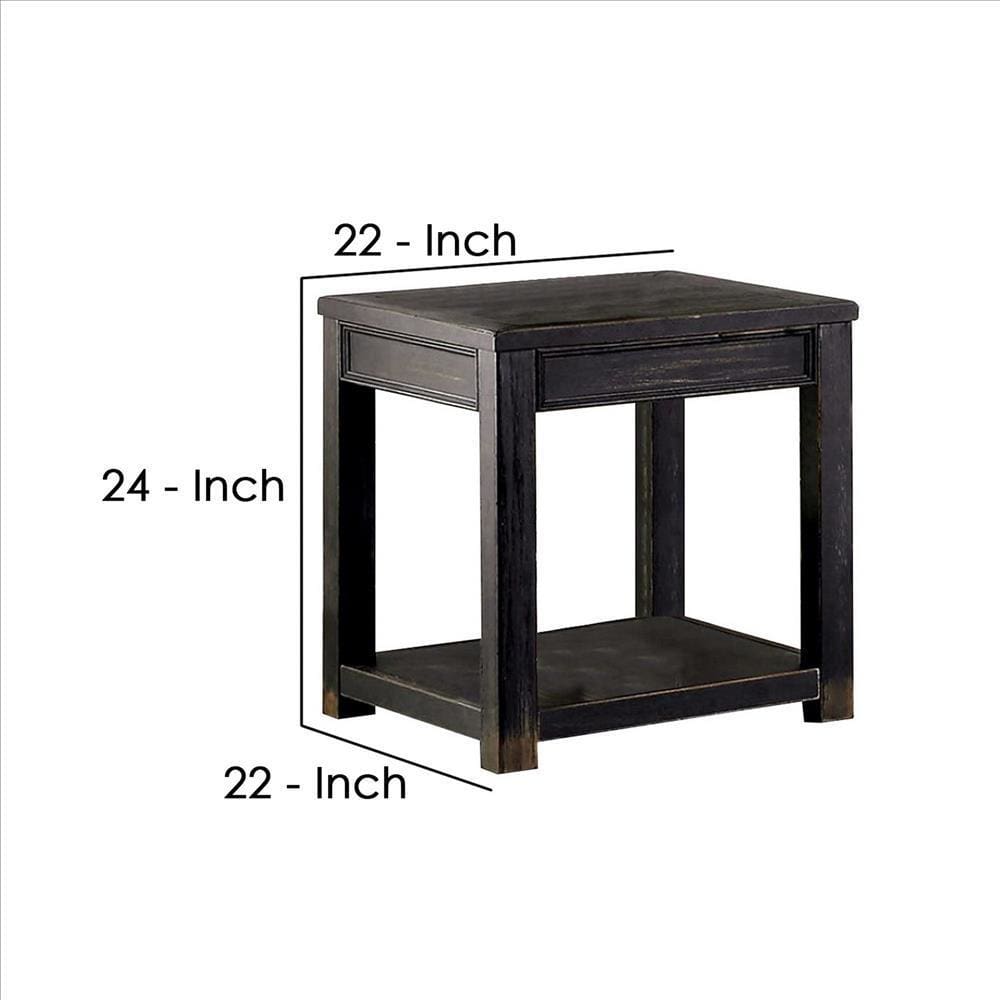 24 Inches Wooden End Table with Open Shelf Antique Black By Casagear Home BM239833
