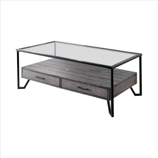 48 Inch Metal Coffee Table with Glass Top and 2 Drawers, Gray By Casagear Home